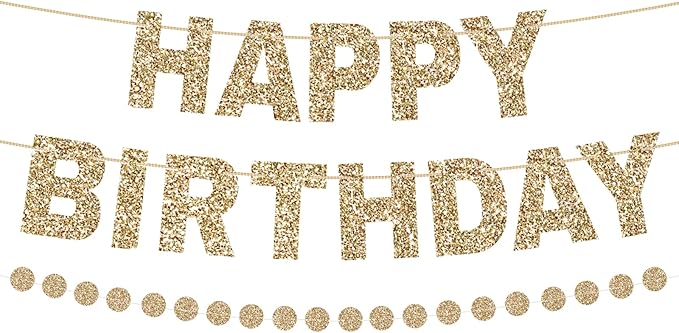 Happy Birthday Banner Pre-Strung Birthday Party Decorations NO DIY Glitter Happy Birthday Sign Circle Dots Garland Birthday Hanging Decorations for Women Men Birthday Party Supplies (Gold)
