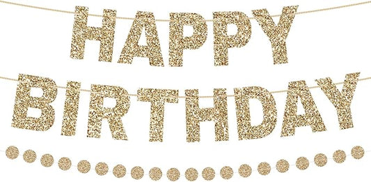 Happy Birthday Banner Pre-Strung Birthday Party Decorations NO DIY Glitter Happy Birthday Sign Circle Dots Garland Birthday Hanging Decorations for Women Men Birthday Party Supplies (Gold)