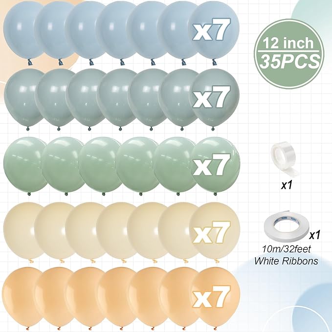 Jobkoo Sage Green Dusty Blue Balloons, 12 Inch Retro Slate Light Blue Olive Green White Sand Beige Nude Eucalyptus Latex Balloon for Boho Rabbit Birthday Wedding Toy Baby Shower Woodland Party Decor
