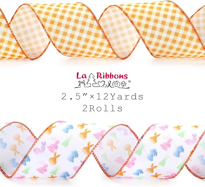 LaRibbons Easter Bunny Wired Ribbon 2 Rolls 2.5 Inch x 12 Yards TTL, Orange Easter Ribbon Plaid for Baskets Crafts Spring Wreath Gift Wrapping Bow Decoration