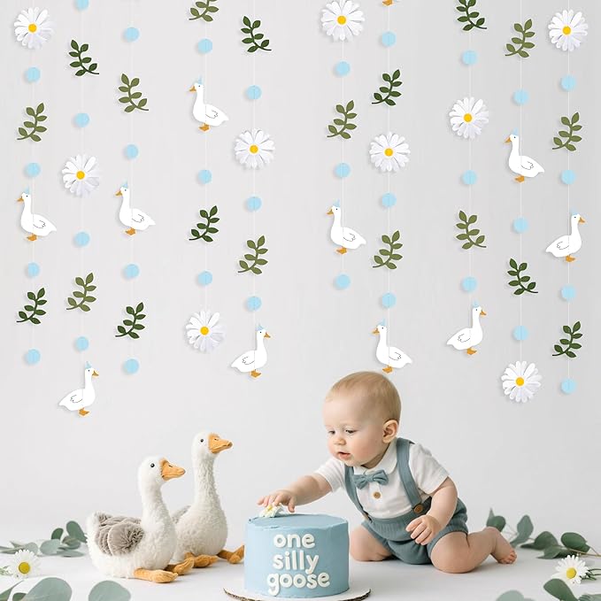Blue Silly Goose 3D Daisy Flower Leaf Polka Dot Hanging Streamer Garland Banner for One Silly Goose Theme Birthday Wedding Baby Shower Bridal Shower Spring Summer Theme Party Decorations Supplies