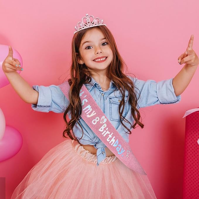 8th Birthday Crown & Sash Pink Birthday Decorations
