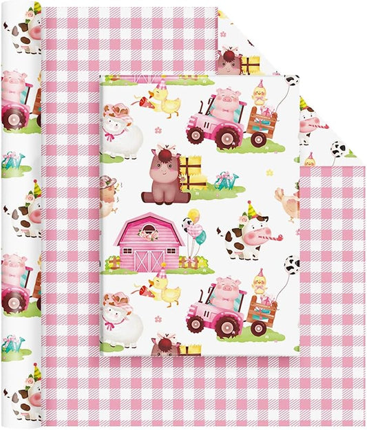 WERNNSAI Farm Animal Wrapping Paper - 1 roll 17” x 33 ft Pink Farm Gift Wrapping Paper for Kids Girls Birthday Baby Shower Animal Gift Wrap Barnyard Theme Party Favor Pink Plaid Design
