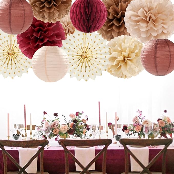 Brown Burgundy Champagne Boho Party-Decorations - 14pcs Rustic Wedding Paper Lanterns Fan,Tissue Pom Poms Streamers,Honeycomb,Fall Autumn Birthday Baby Bridal Shower Engagement Decor Lasting Surprise