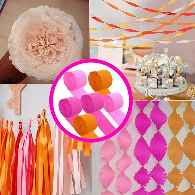 Hot Pink Orange and Pink Crepe Paper 6 Pcs Streamers for Party Decorations, Birthday Wedding DIY Crafts, Gift Wrapping Supplies