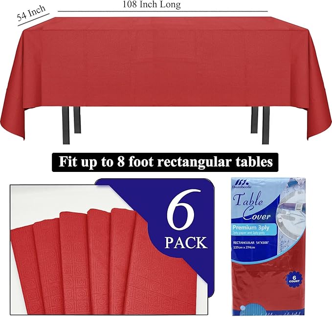 [6 Pack] Red Paper Tablecloth Disposable for Rectangle Tables, 54 X 108 Inch Party Table Cover with Plastic Backing, Waterproof 3 Ply Table Cloth for Valentine's Day Christmas Day Xmas Dinner