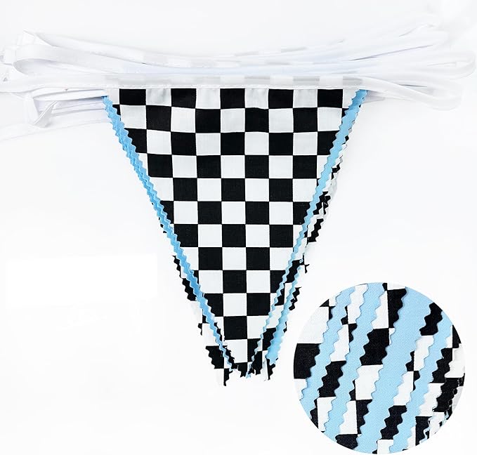 32Ft Racing Party Decorations Blue Black White Checkered Racing Car Fabric Banner Triangle Flag Pennant Garland Streamers for Boys Car Birthday Party Supplies Baby Shower NASCAR Picnic Outdoor Decor