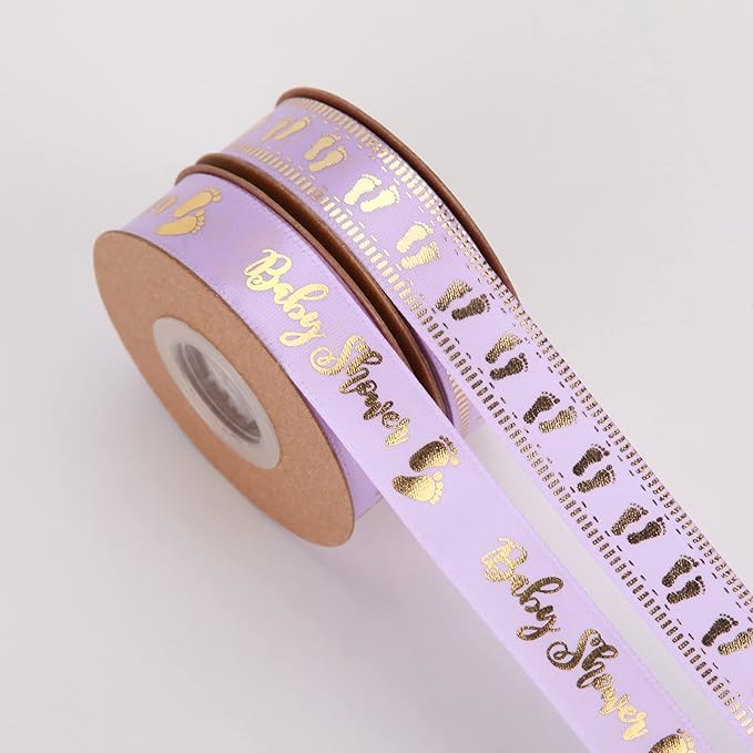 Meseey 20 Yards Baby Ribbon Foot Print Purple and Gold Ribbons for Crafts Cake Baby Shower Birthday,Gift Wrapping, Party Decoration (Purple)
