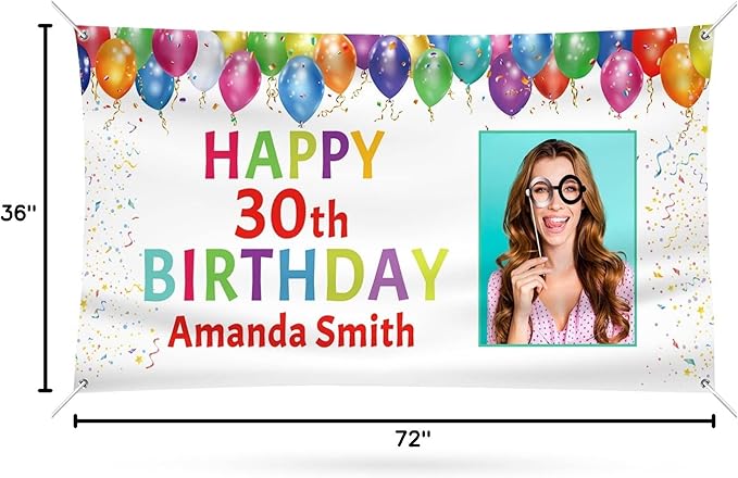 Happy Birthday Banner Personalized Name Photo Age Custom Signs - Customize for Party Decoration 6'x3'