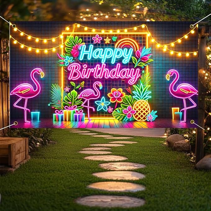 71x43 Inch Birthday Party Banner with Neon Happy Birthday Flamingos Tropical Flowers Pineapple Indoor Outdoor Wall Door Porch Decoration Backdrop Photo Prop