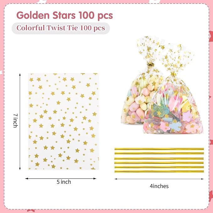 5x7 Inch Gold Star Clear Cellophane Treat Bags 100 Pcs with Gold Twist Ties, Heat Sealable Cookie Bags for Bakery, Candy, Valentine Gifts, Classroom & Party Favors