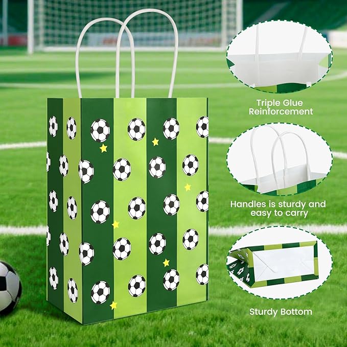 Ethanberg 20Pcs White Soccer Party Favor Bags with Handles, Soccer Themed Kraft Paper Gift Bags Candy Snack Bag, Green Goodie Bag for Sport Team Ball Events Theme Birthday Party Supplies