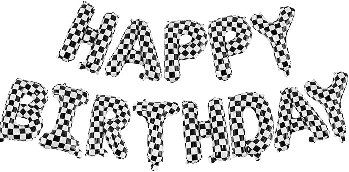 CANREVEL Happy Birthday Banner 13pcs 16 Inch Mylar Foil Letters Sign Balloons Racing Car Birthday Party Decorations for Kids and Adults - 3D Black & White Checkered