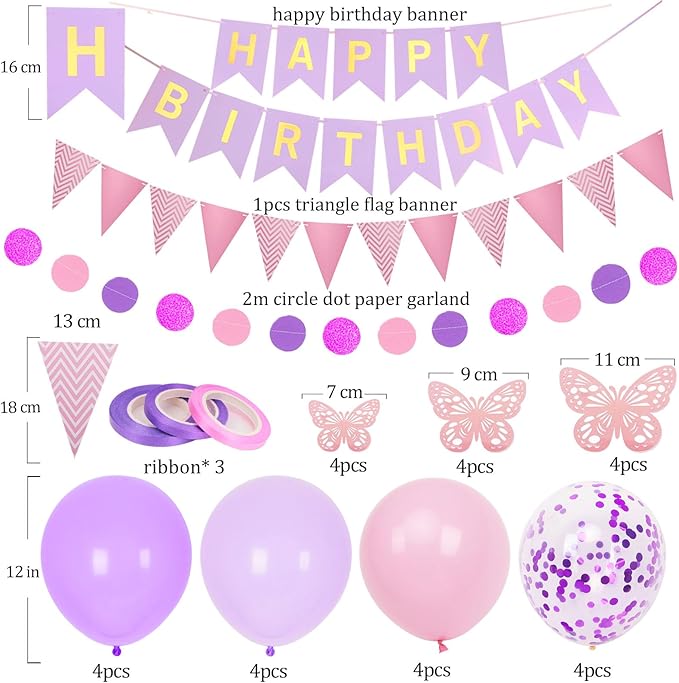 Purple and Pink Birthday Decorations, Happy Birthday Banner and Purple Pink Balloons, Butterfly Stickers with Circle Dot Paper Garland, Bunting Banner, for Party Decorations