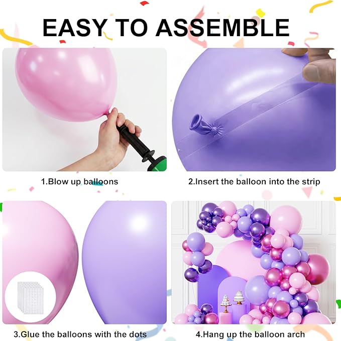 Pink and Purple Balloons Garland Arch Kit, Metallic Pink and Purple Latex Balloons for Girl Women Birthday Bridal Baby Shower Party Decoration