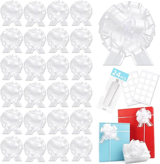 24pcs White Pull Bow for Gift Basket Wrapping Xmas Gift Bows Presents Adhesive Wrap Ribbon Bow for Christmas Tree Ornament Wine Bottles Bouquet Flower Valentine's Day Party Decor (White-G)