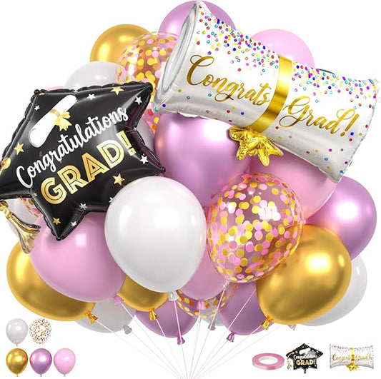 Pink Gold Graduation Balloons, 2026 Graduation Party Decorations with 12inch Grad Latex Balloons Bachelor's Cap Grad Foil Balloon for College High School Class of 2026 Congrats Grad Party Supplies