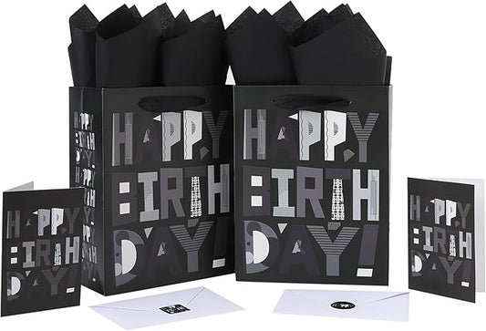 wishinside 2-Pack 10.6” Medium Black Happy Birthday Gift Bag Set with Greeting Cards and Tissue Papers for Men Boys Kids Teens, Cartoon Birthday Design, 2 Pcs