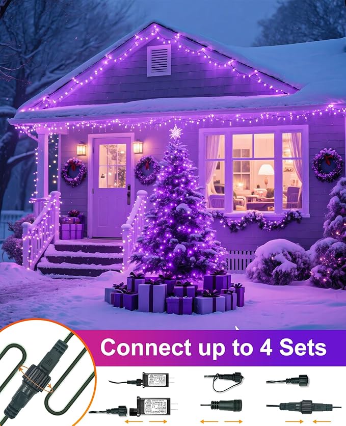 Purple Christmas Lights Outdoor, 80FT 240 LED Plug in String Lights for Outside Waterproof, 8 Modes Connectable Green Wire Fairy Twinkle Light for Indoor Home Xmas Garden Holiday Decorations