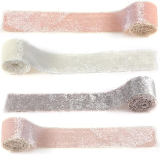 Canlierr 4 Roll Valentine's Day Silk Velvet Ribbon for Gift Wrapping Fringe Fabric Frayed Velvet Ribbon Raw Edge for Valentine Day Party Wedding Decor Bouquet Basket Hair(Light Color,2 in X 16 yd)
