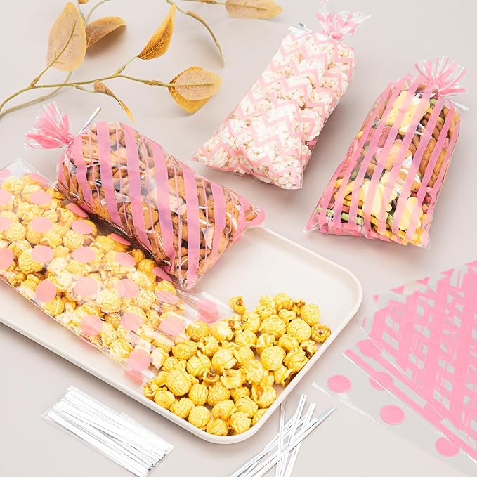 120 Pack 10.6x5.1 Inch Cellophane Treat Bags with Ties - Polka & Pink Stripes Candy Gift Baggies for Birthday, Wedding Party Favors, Snack Packing Supplies