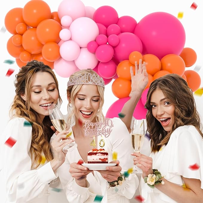 Hot Pink Orange Balloon Arch Kit - 122pcs, Pink Orange Balloons, Arch Strip Tape, Glue, Holder Tool - Princess Cartoon Theme, Unisex Adults, General Celebration, All Ages