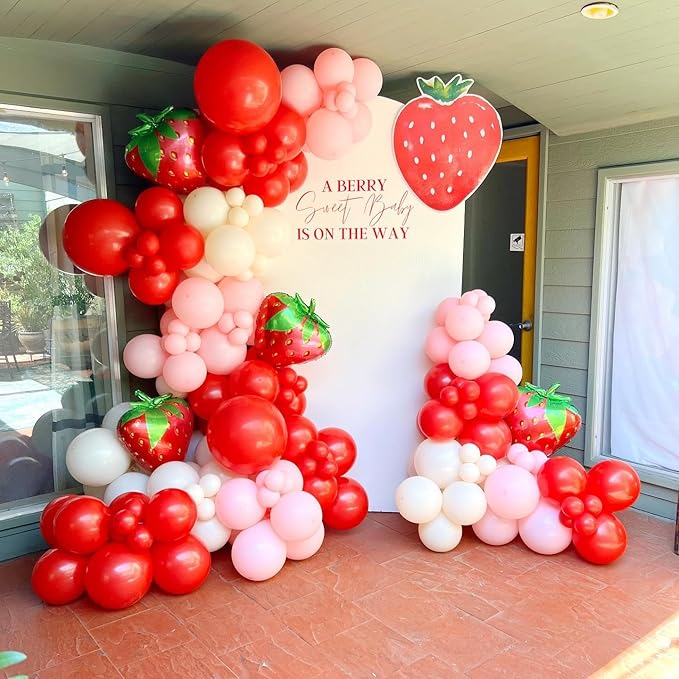 Strawberry Balloons Garland Arch Kit 163pcs with 27" Strawberry Foil Balloons, Red and Pink white Balloons for Sweet Girl Berry First Birthday Themed Baby Shower Strawberry Party Decorations