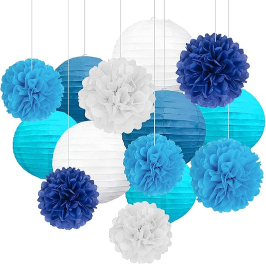 18 PCS Blue White Paper Lanterns & Tissue Paper Pom Poms for Boyss Birthday, Baby Shower, Wedding, Bridal Shower, Hanging Paper Decor for Indoor Outdoor Events Party Supplies