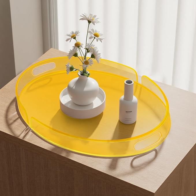 Acrylic Serving Tray with Handles Large Decorative Ottoman Tray 17x13'' Round for Bathroom Food Coffee Fruit Snack Tea Dinner Living Room, Neon Yellow