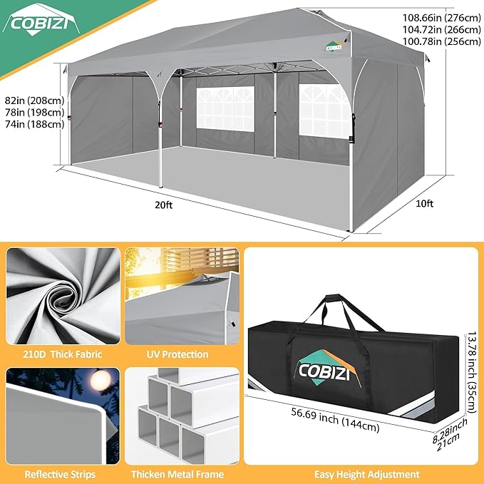 COBIZI 10x20 Pop Up Canopy: Canopy Tent with Patented Center-Lock Tech | Quick-Setup,UV-Reflective & Detachable Walls | 210D Waterproof | 3 Height Adjustments for Parties,Weddings,Outdoor Events(Gray)