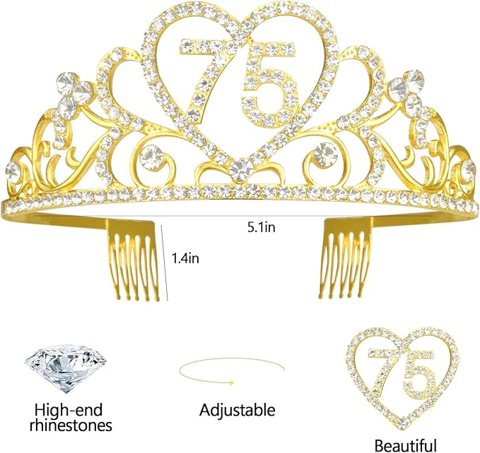 75th Birthday Tiara and Sash Kit - '75 & FABULOUS' Black Sash and Gold Rhinestone Crown for Women's 75th Birthday Party Supplies