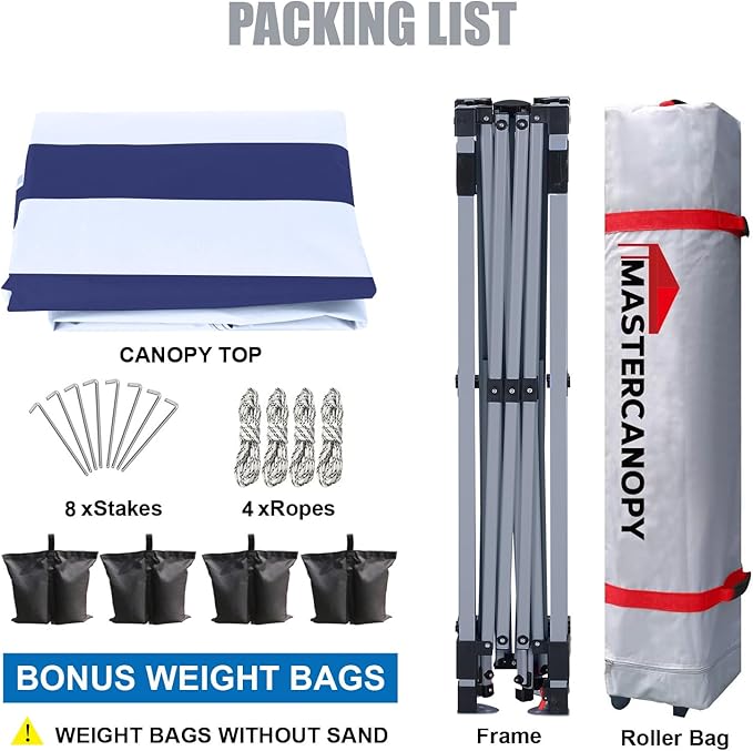 MASTERCANOPY Durable Pop-up Canopy Tent with Roller Bag (10x10, Navy Blue Stripes)