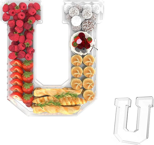13.8" Acrylic Letter Charcuterie Tray, Charcuterie Letters Fillable Box for food, Reusable Serving Cake Candy Dish Display Tray for Birthday Anniversary Party Decoration (Letter U)