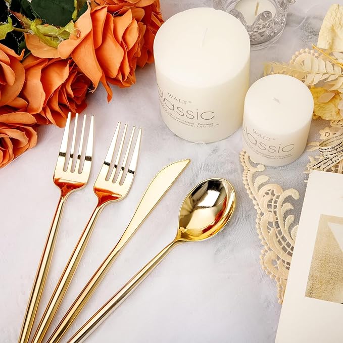 Rubtlamp 180Pcs Gold Plastic Silverware,Luxury Gold Plastic Cutlery,Heavy duty Golden Disposable Flatware, Utensils Set Disposable Include 60Gold Forks,60Gold Spoons,60Plastic Knives for Party,Wedding