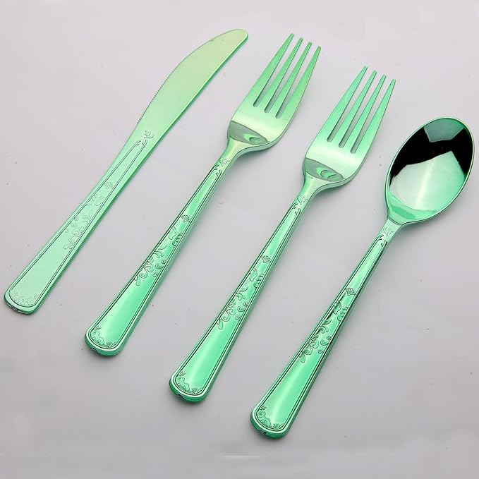180 Pack Disposable Green Plastic Silverware Contain 60 Forks,60 Spoons,60 Knives, Solid and Durable Plastic Cutlery Utensils Set Perfect for Parties,weddings.
