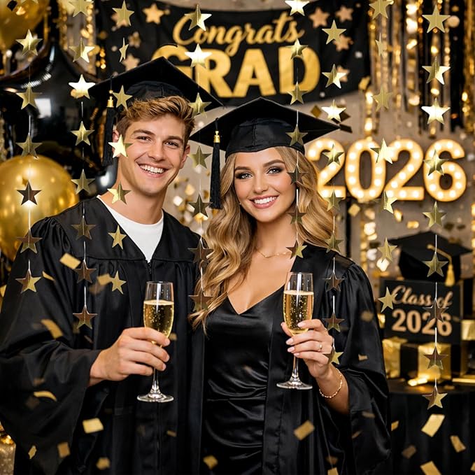 65Feet Gold Star Garland Banner Hanging Birthday Graduation Party Decorations- Golden Double Side Twinkle Paper Stars Streamers Backdrop for Prom Classroom Welcome Home Ceiling Decor, 5Pack