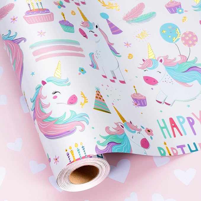 MAYPLUSS Unicorn Wrapping Paper for Girl, 17 Inch x 16.5 Feet Birthday Gift Wrap Featuring Gold Corn Reversible Heart for Princess Kids Baby Shower