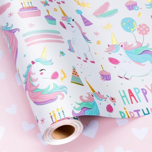 MAYPLUSS Unicorn Wrapping Paper for Girl, 17 Inch x 16.5 Feet Birthday Gift Wrap Featuring Gold Corn Reversible Heart for Princess Kids Baby Shower