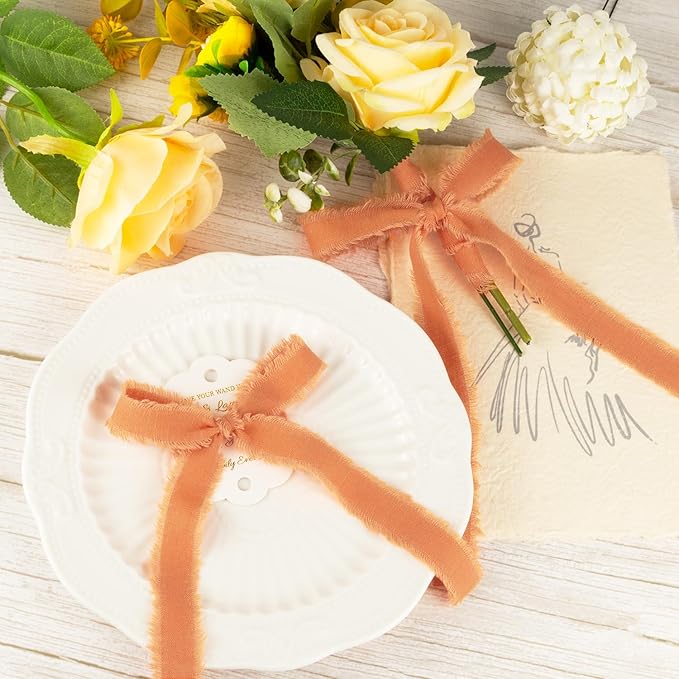 Burnt Orange Cotton Ribbon 5/8 Inch Burnt Orange 3 Rolls 21 Yards Frayed Edge Fabric Set for Wedding Decor, Bridal Bouquet Wrap, Baby Shower, Gift Wrapping, Fall Decor & Halloween Party