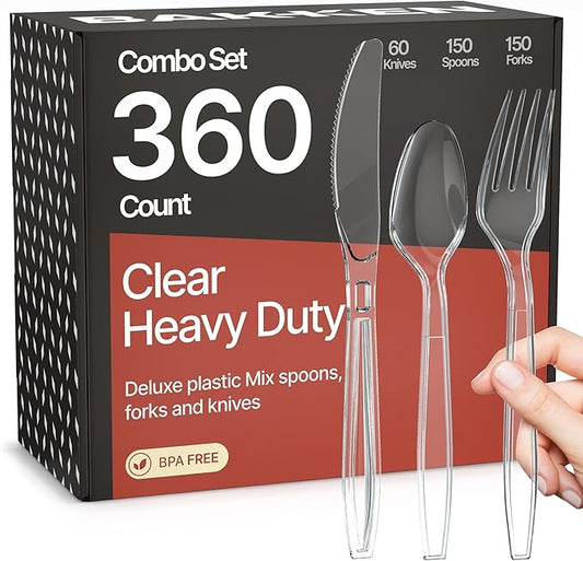 Bakken Disposable Cutlery Set 360 Pieces of Forks, Knives & Spoons, Heavy Duty Plastic Silverware, BPA-Free Food-Grade Materials, Heat-Resistant, Reusable Utensils for Parties and Everyday Use, Clear
