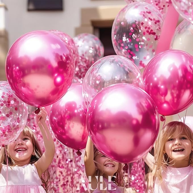 AULE Party Balloons Pack of 42 - Metallic Chrome Pink Balloons and Pink Confetti Latex Helium Balloons With 64ft Ribbons - 12 Inch Balloon Decoration Set