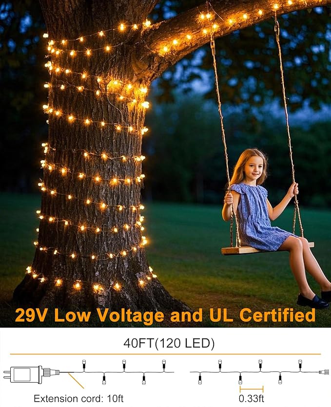 40FT 120 LED Christmas String Lights, Warm White Christmas Lights Outdoor with 8 Modes & Waterproof, Connectable Plug in Christmas Tree Lights for Indoor Bedroom Yard Holiday Decorations