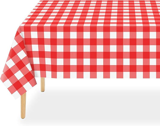 QIKSION Red Gingham Tablecloth Disposable 3 Pack, 54 x 108 Inch Red and White Checkered Table Cloth for Picnic, Outdoor BBQ Decorations, Birthday Party Supplies, Rectangle, Plastic Table Cover