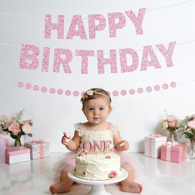 Happy Birthday Banner Pre-Strung Birthday Party Decorations NO DIY Glitter Happy Birthday Sign Circle Dots Garland Birthday Hanging Decorations for Women Men Birthday Party Supplies (Pink)