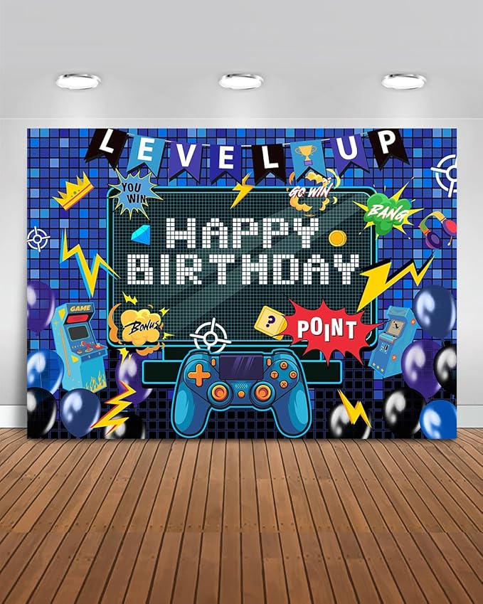 Mocsicka Video Game Birthday Backdrop Game on Happy Birthday Party Decorations Level up Party Background for Photography Wall Decorations Supplies (Happy Birthday, 6x4ft(72"x48"))