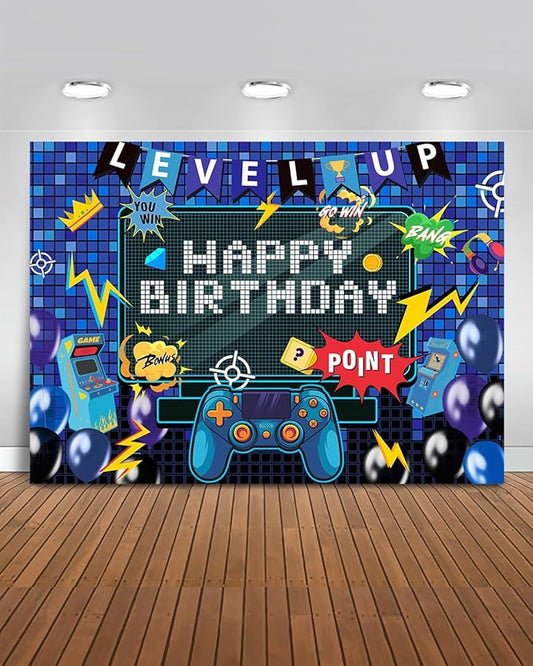 Mocsicka Video Game Birthday Backdrop Game on Happy Birthday Party Decorations Level up Party Background for Photography Wall Decorations Supplies (Happy Birthday, 8x6ft(96"x72"))