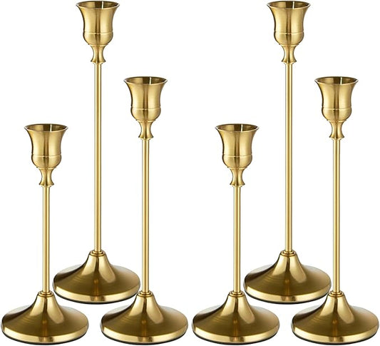 Willceka Gold Candlestick Holders, Taper Candle Holders, Set of 6 Brass Candle Holder Set, Vintage Table Centerpiece for Wedding Christmas Holiday