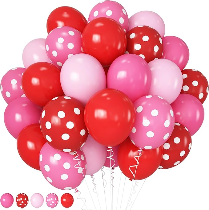 HILAVO Red and Pink Balloons Strawberry Hot Pastel Light Pink Rose Red Latex Balloons Polka Dot Party Helium Balloon for Sweet Girl Berry Baby Shower Birthday Valentines Day Summer Party Decorations