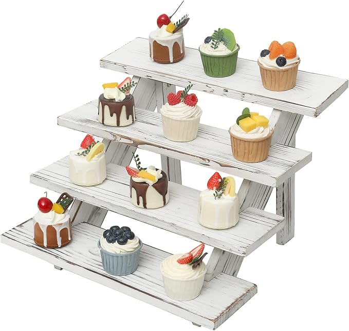 SwallowLiving Wooden Rustic Cupcake Stand for 24 Cupcakes, Stepped Wood Display Stand for Weddings, Tiered Party Table Display Riser for Food , Dessert, Cookie, Decor, Craft Show, White