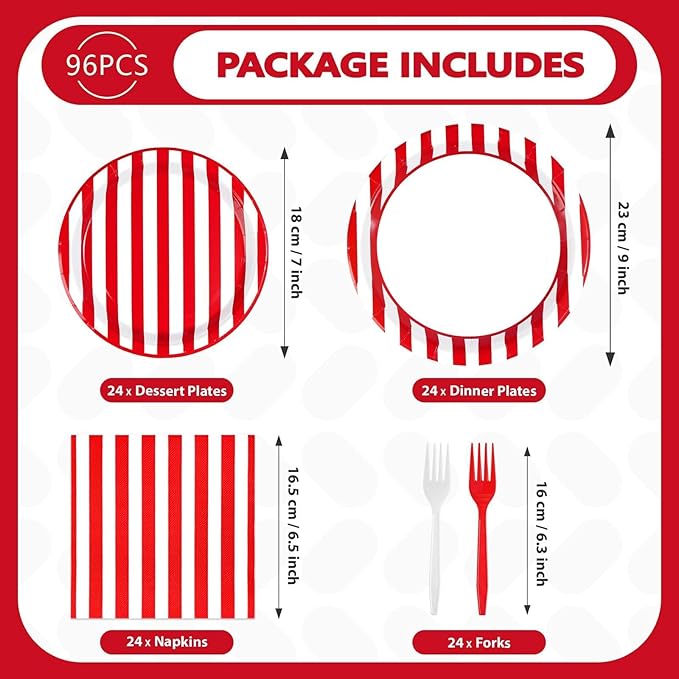 96Pcs Red and White Striped Party Supplies Red and White Striped Paper Plates and Napkins Circus Theme Tableware Set for Summer Pizza BBQ Picnic Baby Shower Birthday Carnival Party Decorations Serve24